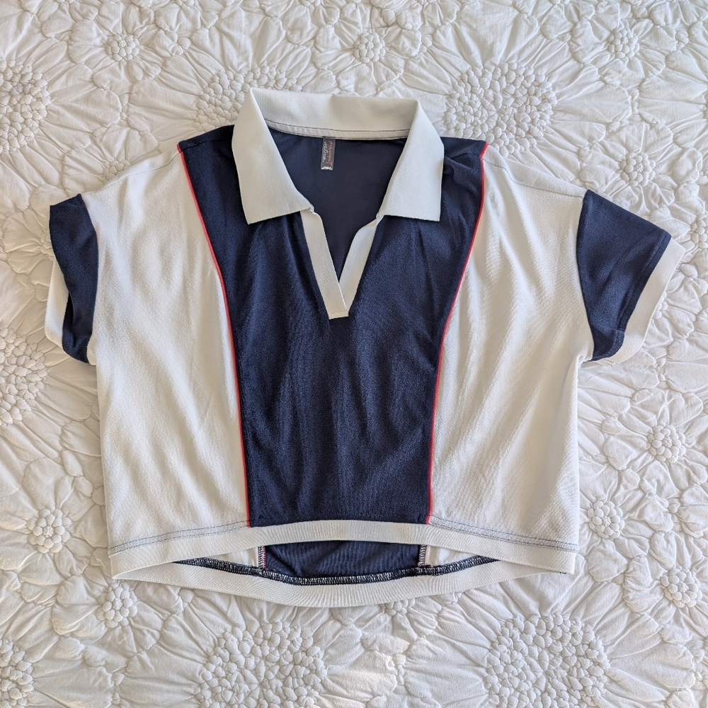 Navy and White Terry Cloth Cropped Polo Shirt
